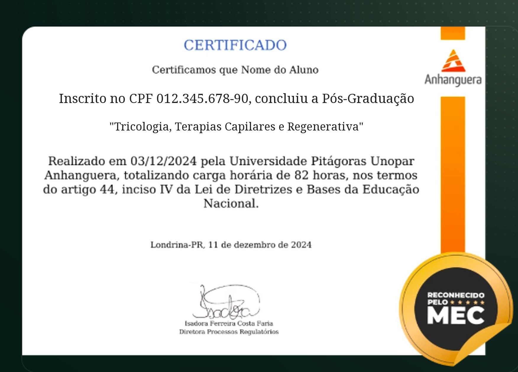 Modelo do certificado de pós-graduação emitido pela Anhanguera